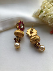 Ruby flower with gundu and pearl drop-Earrings-PL-House of Taamara