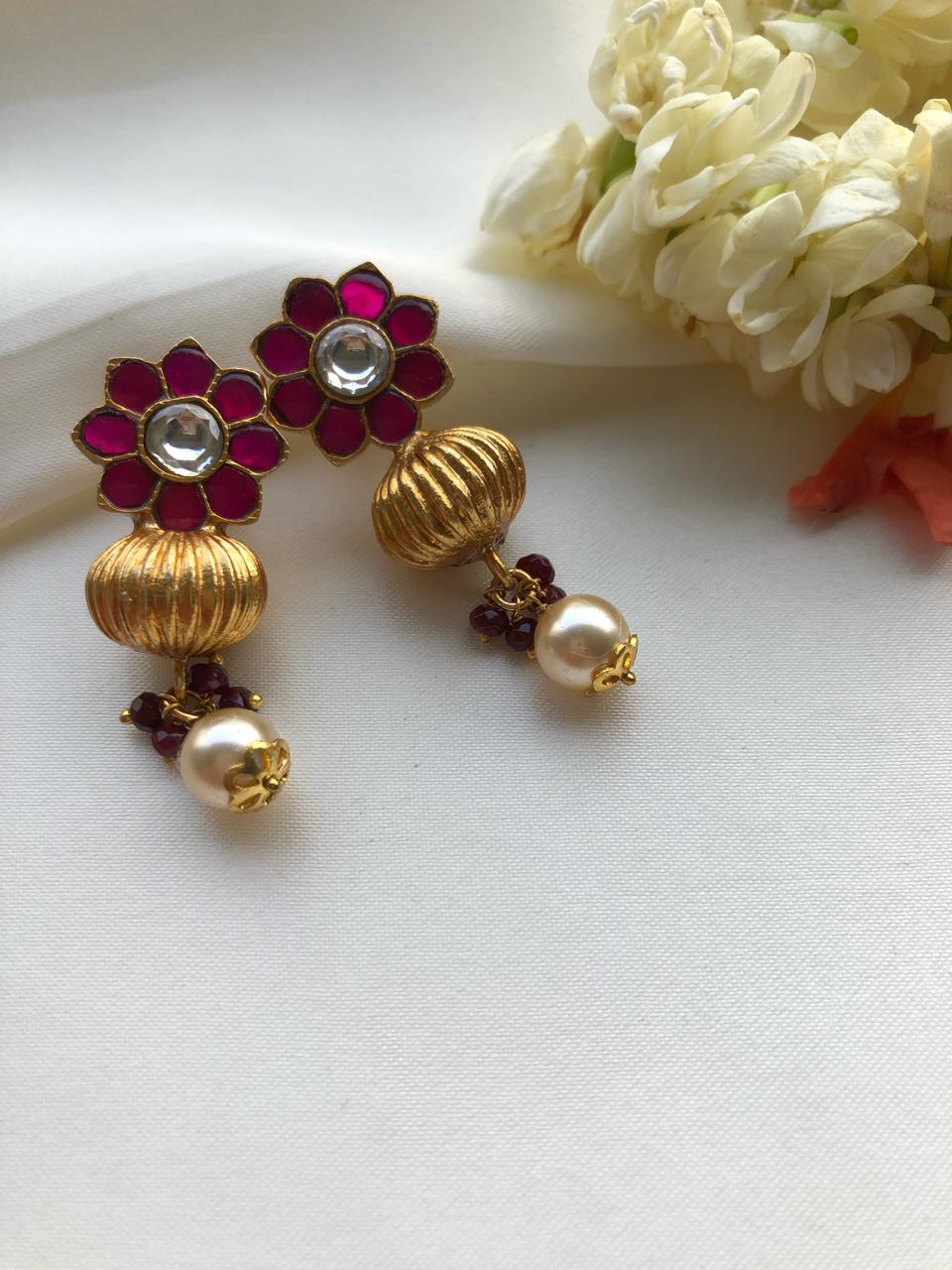 Ruby flower with gundu and pearl drop-Earrings-PL-House of Taamara