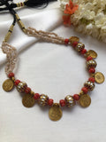 Ruby kundan beads with coral & kasu coins antique style pearls necklace-Silver Neckpiece-PL-House of Taamara