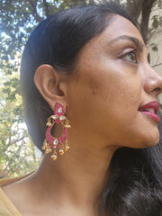 Ruby kundan chand long earrings-Earrings-PL-House of Taamara
