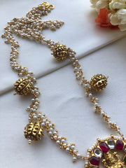 Ruby & kundan round Lakshmi pendant with antique style beads mala-Silver Neckpiece-PL-House of Taamara