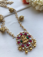 Ruby & kundan round Lakshmi pendant with antique style beads mala-Silver Neckpiece-PL-House of Taamara