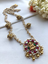 Ruby & kundan round Lakshmi pendant with antique style beads mala-Silver Neckpiece-PL-House of Taamara