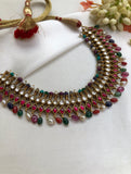 Ruby kundan & semi precious navratan tourmalines necklace with earrings, set-Silver Neckpiece-PL-House of Taamara