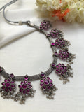 Ruby spinel flower necklace with earrings, set-Silver Neckpiece-PL-House of Taamara