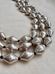 Silver dholki beads 3 layer chain-Silver Neckpiece-CI-House of Taamara