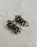 Silver polish kundan and ruby peacock motif jhumkas with pearls-Earrings-CI-House of Taamara