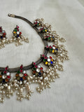 Silver polish navrathana flower motif gutapusulu necklace, set-Silver Neckpiece-CI-House of Taamara