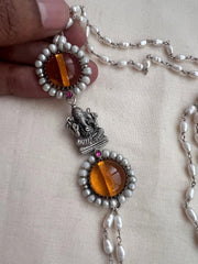 Silver side mope long chain with Ganesha & yellow citrine stones-Silver Neckpiece-CI-House of Taamara