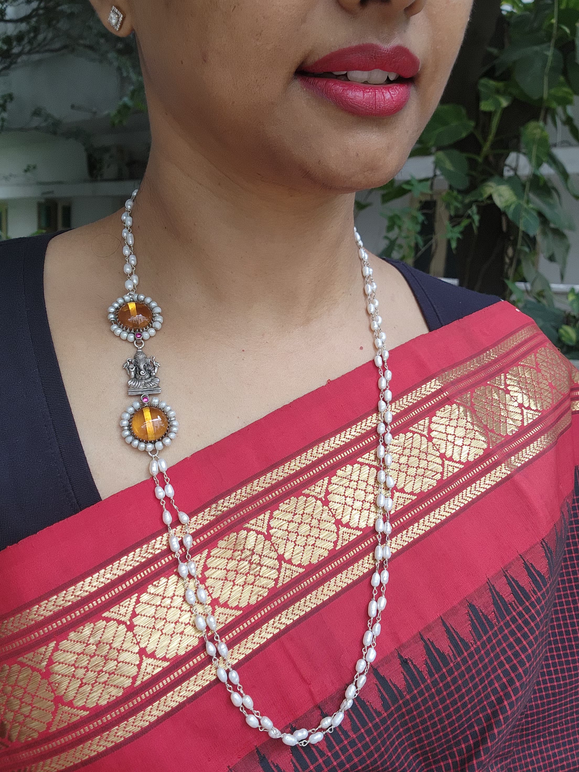 Silver side mope long chain with Ganesha & yellow citrine stones-Silver Neckpiece-CI-House of Taamara