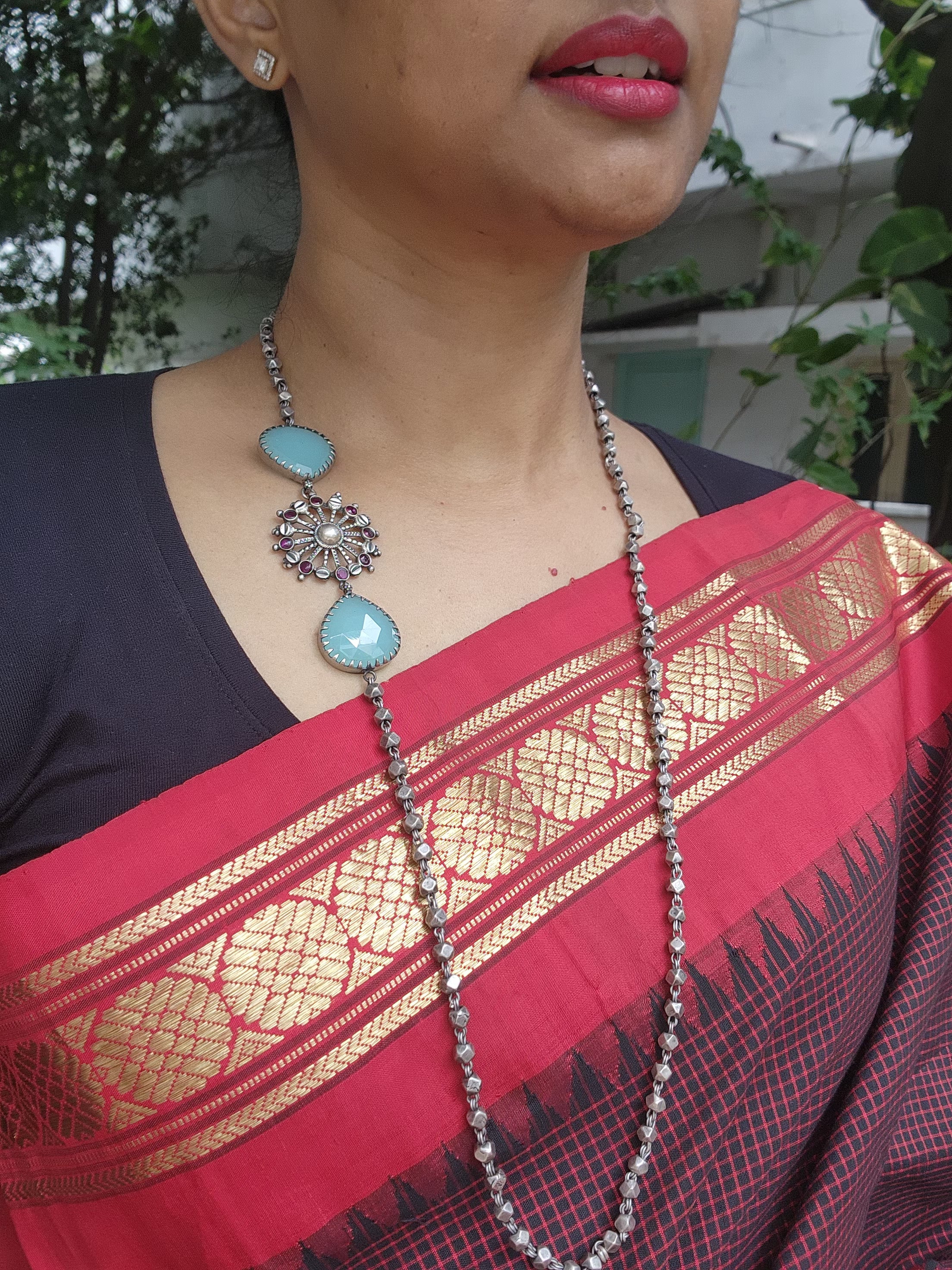 Silver side mope long chain with blue chalcedony stones-Silver Neckpiece-CI-House of Taamara