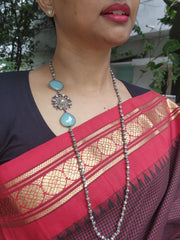 Silver side mope long chain with blue chalcedony stones-Silver Neckpiece-CI-House of Taamara