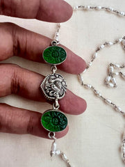 Silver side mope long chain with carved green onyx stones-Silver Neckpiece-CI-House of Taamara