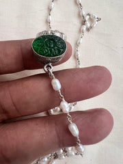 Silver side mope long chain with carved green onyx stones-Silver Neckpiece-CI-House of Taamara