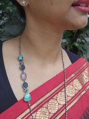Silver side mope long chain with turquoise beads-Silver Neckpiece-CI-House of Taamara