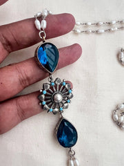 Silver side mope long pearls chain with blue glass stone-Silver Neckpiece-CI-House of Taamara