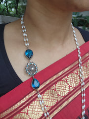 Silver side mope long pearls chain with blue glass stone-Silver Neckpiece-CI-House of Taamara