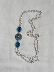 Silver side mope long pearls chain with blue glass stone-Silver Neckpiece-CI-House of Taamara