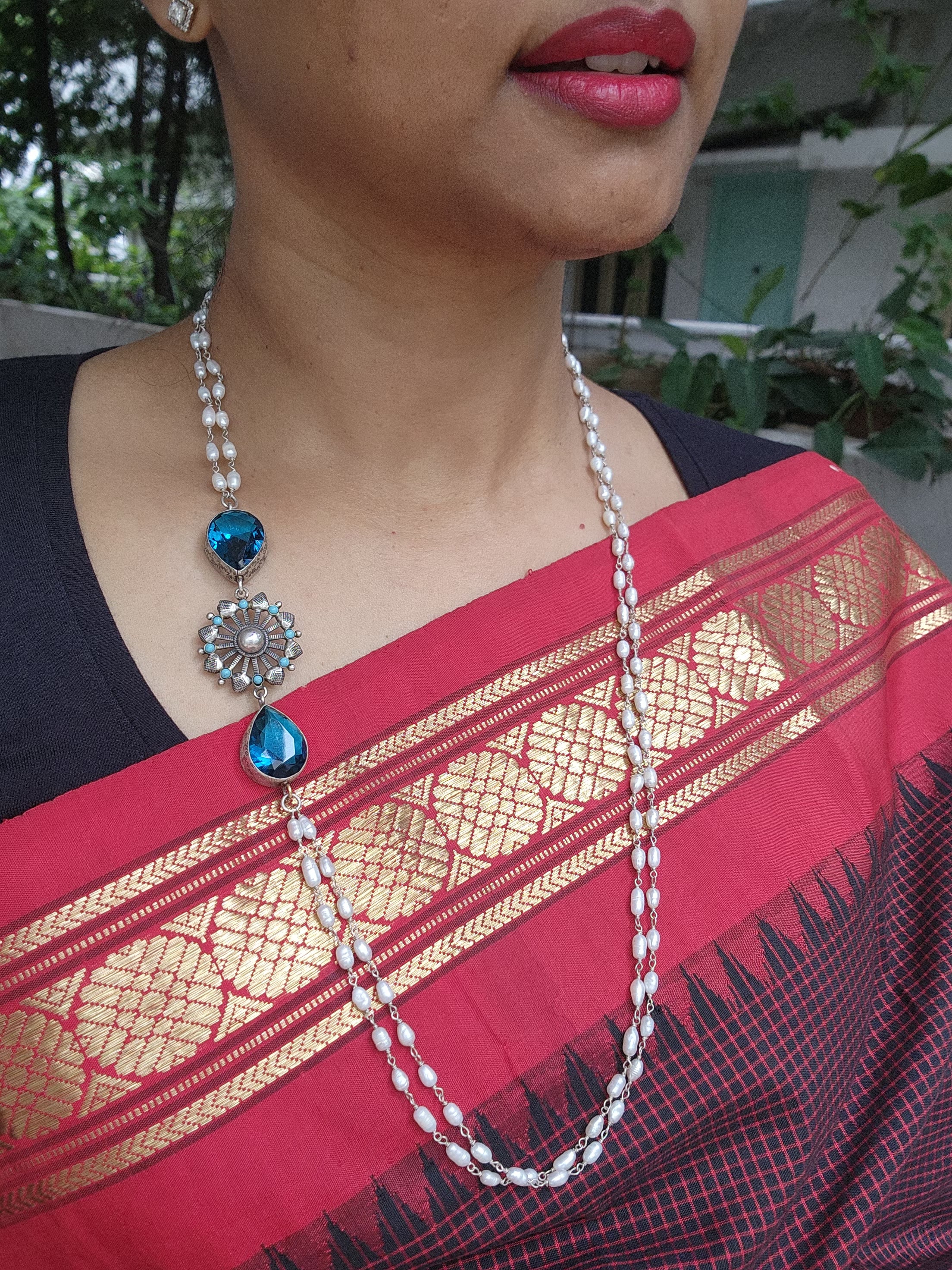 Silver side mope long pearls chain with blue glass stone-Silver Neckpiece-CI-House of Taamara