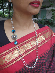 Silver side mope long pearls chain with blue glass stone-Silver Neckpiece-CI-House of Taamara