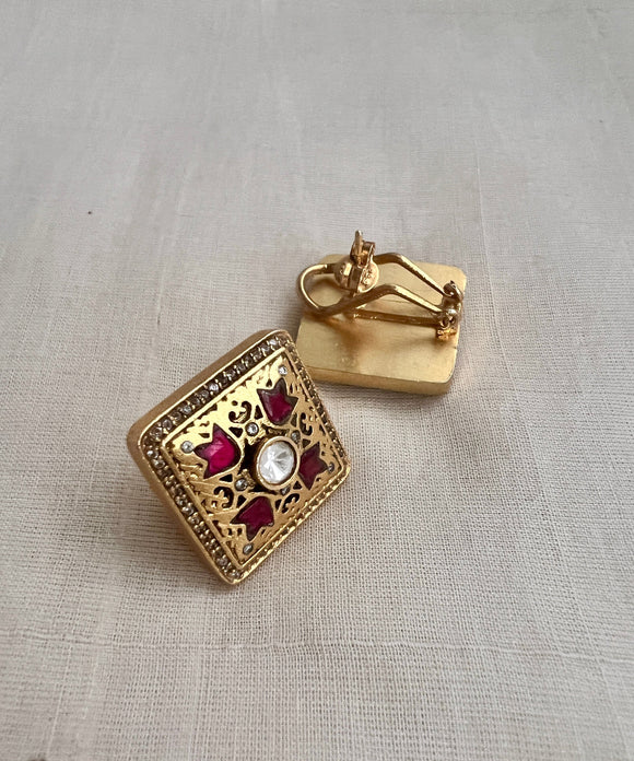 Square ruby and zircon stone kundan earrings-Earrings-PL-House of Taamara