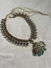 Statement kundan & emerald paisley necklace with pearls & green onyx beads-Silver Neckpiece-CI-House of Taamara