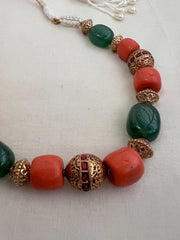 Stringed chain with corals, ruby, nakash & jade beads and pearls-Silver Neckpiece-CI-House of Taamara