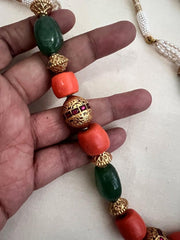 Stringed chain with corals, ruby, nakash & jade beads and pearls-Silver Neckpiece-CI-House of Taamara