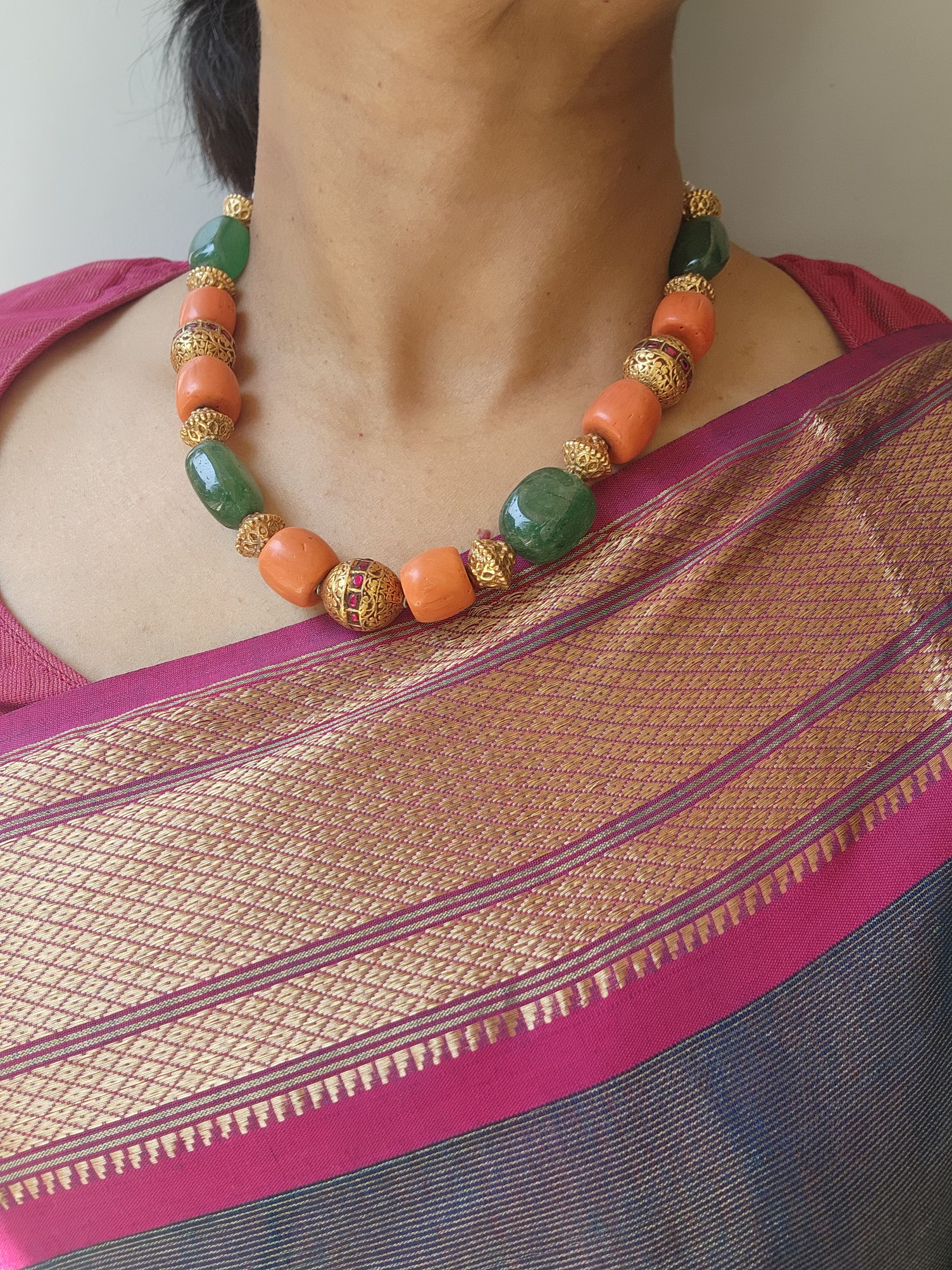 Stringed chain with corals, ruby, nakash & jade beads and pearls-Silver Neckpiece-CI-House of Taamara