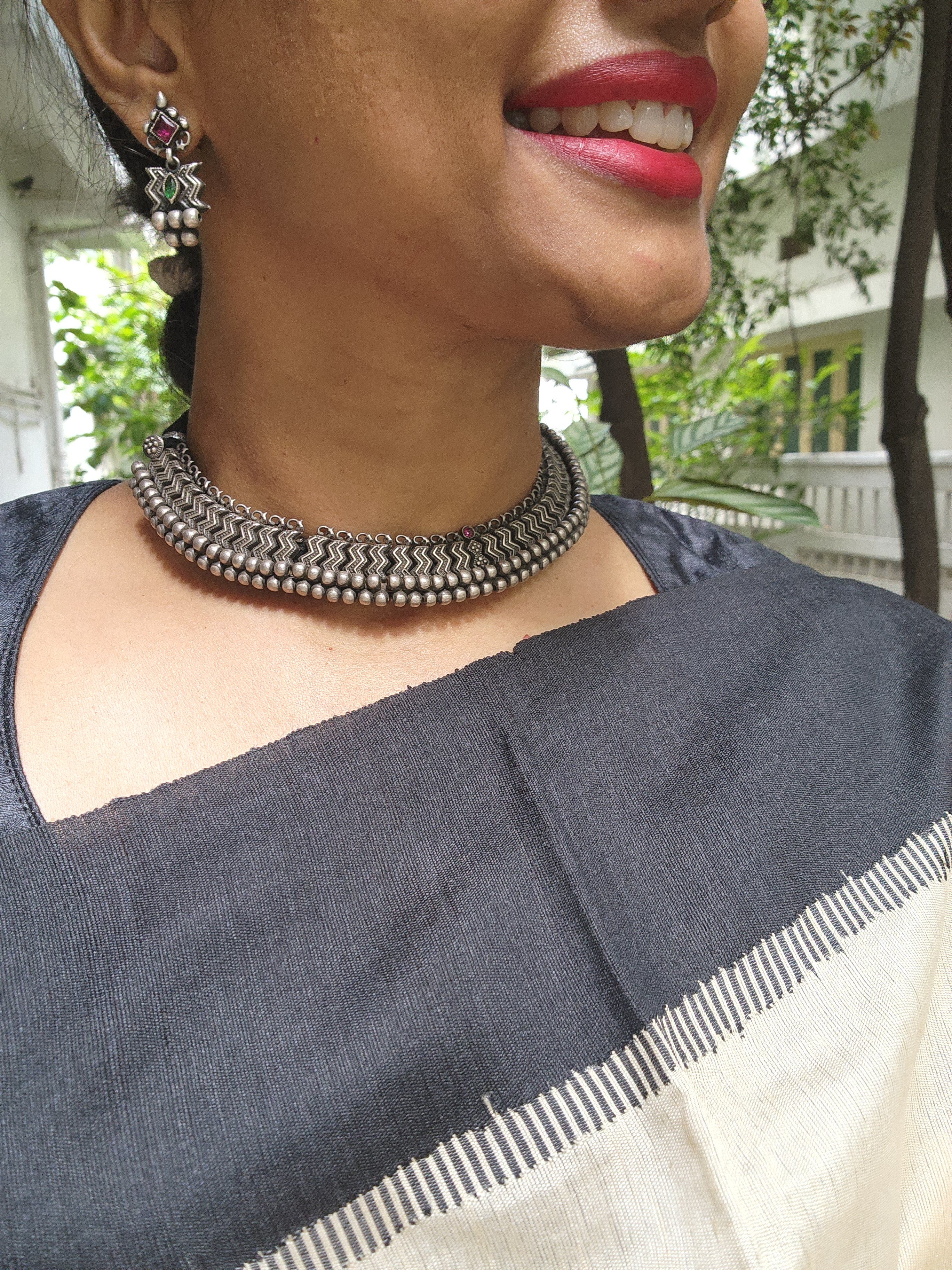 Thussi necklace with earrings, SET-Silver Neckpiece-CI-House of Taamara