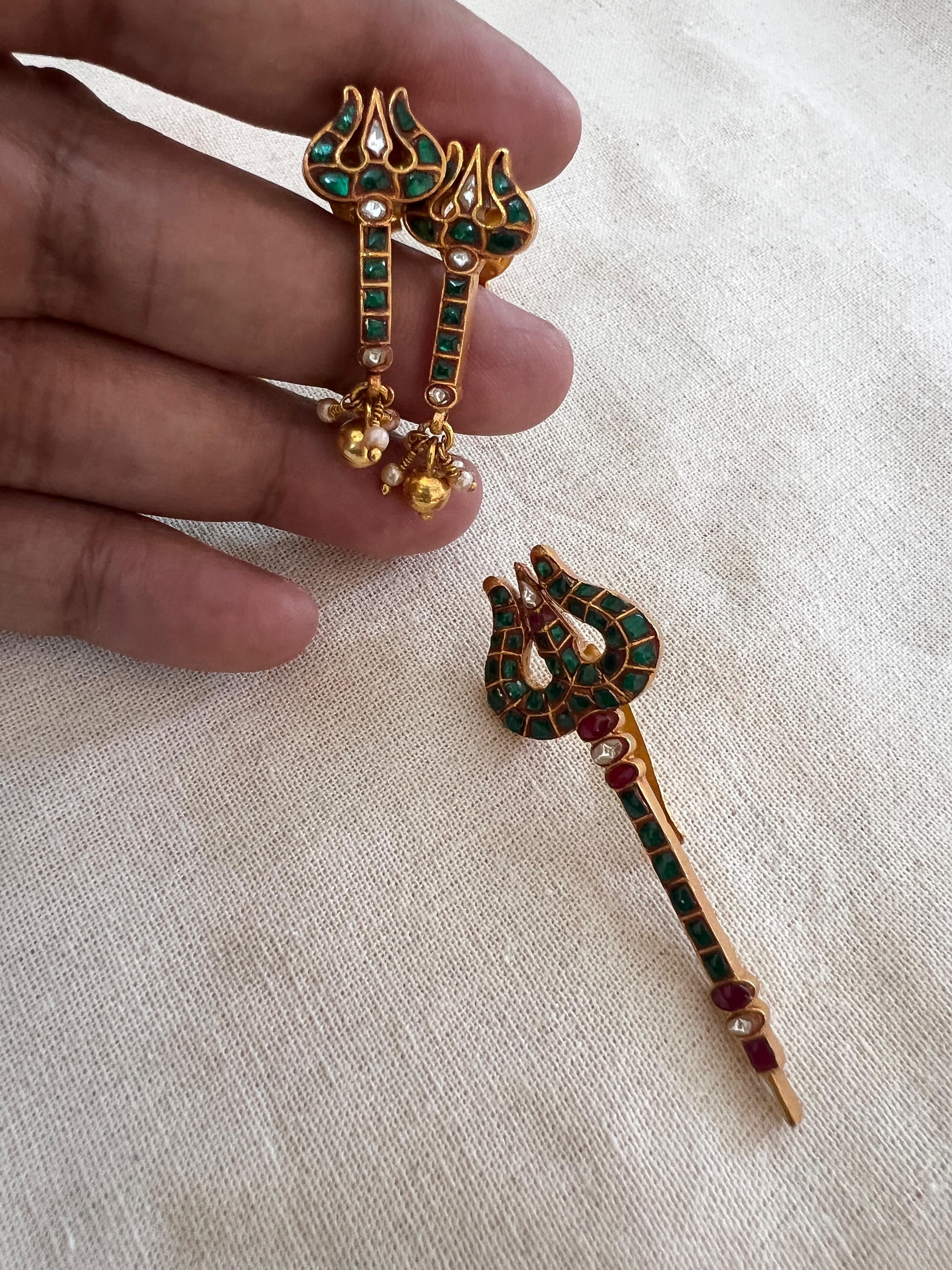 Trishul kundan pendant with earrings, SET-Silver Neckpiece-PL-House of Taamara