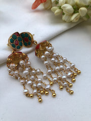 Turquoise and coral jhumkas with pearls and beads long earrings-Earrings-PL-House of Taamara