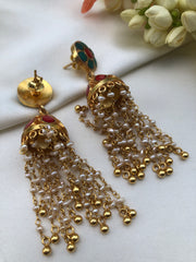 Turquoise and coral jhumkas with pearls and beads long earrings-Earrings-PL-House of Taamara