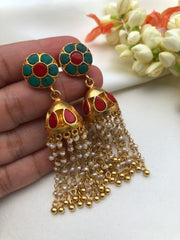 Turquoise and coral jhumkas with pearls and beads long earrings-Earrings-PL-House of Taamara