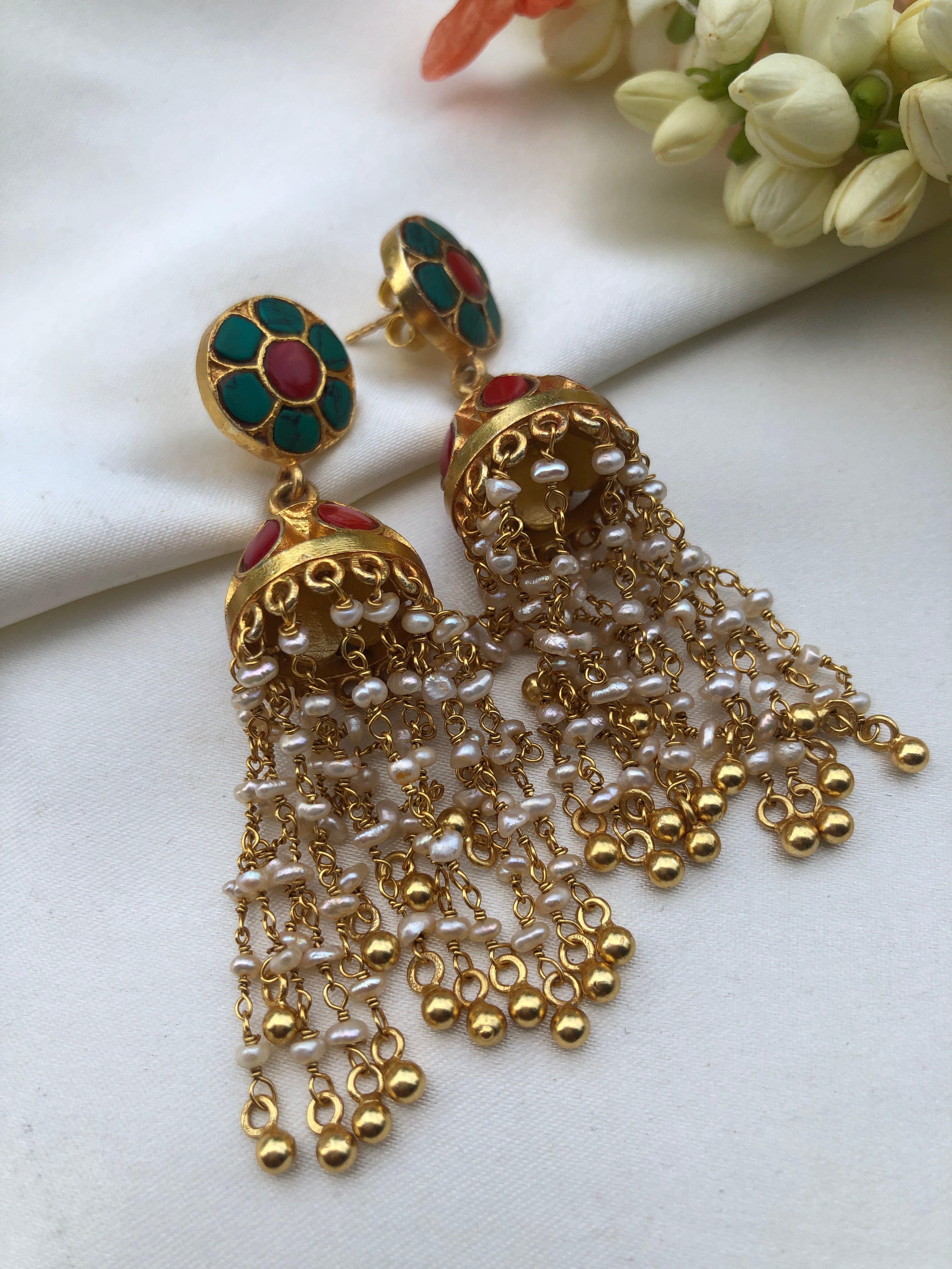 Turquoise and coral jhumkas with pearls and beads long earrings-Earrings-PL-House of Taamara