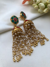 Turquoise and coral jhumkas with pearls and beads long earrings-Earrings-PL-House of Taamara