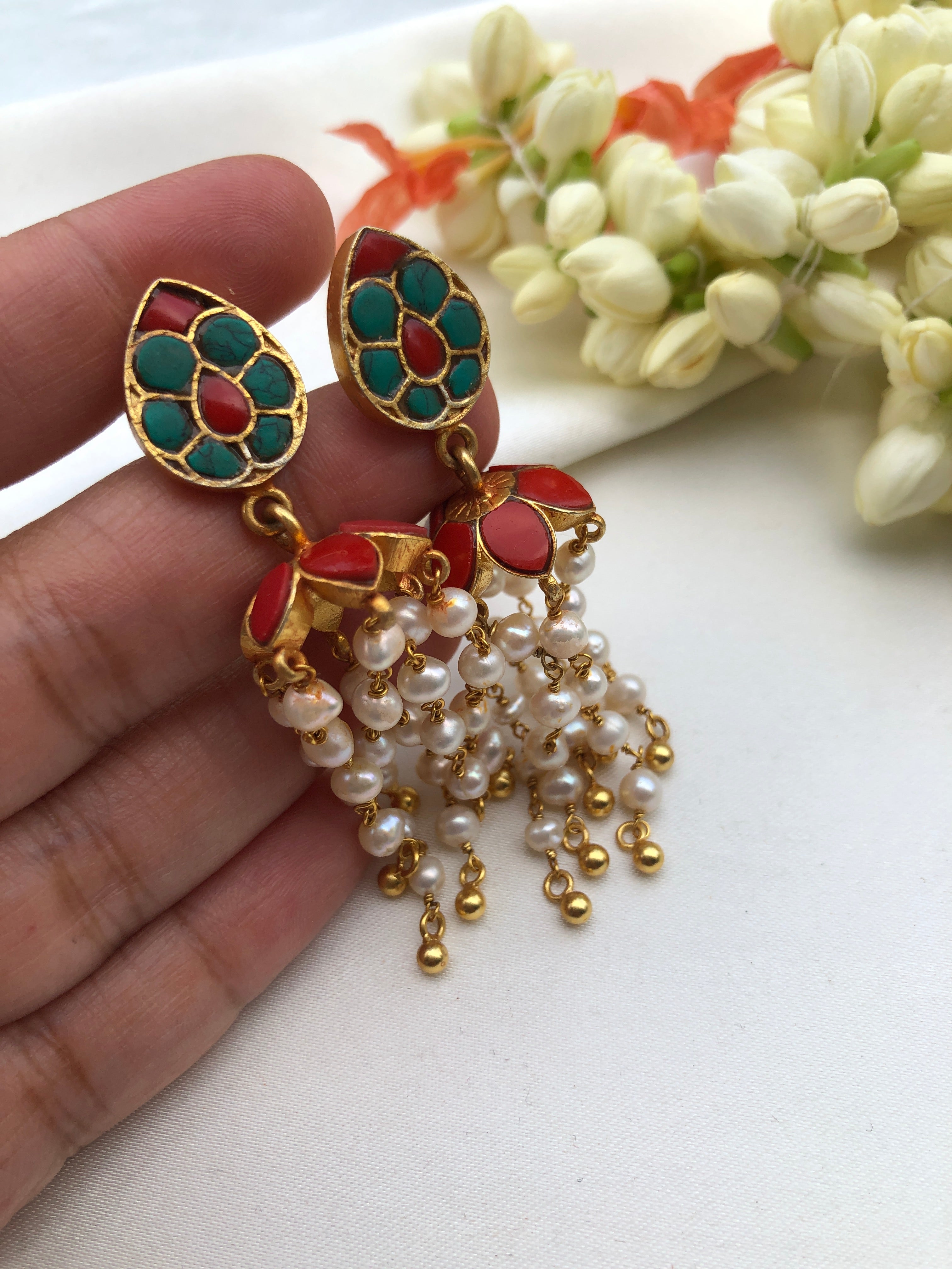 Turquoise and coral jhumkas with pearls and beads long earrings-Earrings-PL-House of Taamara
