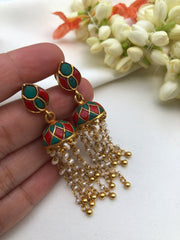 Turquoise and coral jhumkas with pearls beads long-Earrings-PL-House of Taamara