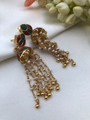 Turquoise and coral jhumkas with pearls beads long-Earrings-PL-House of Taamara