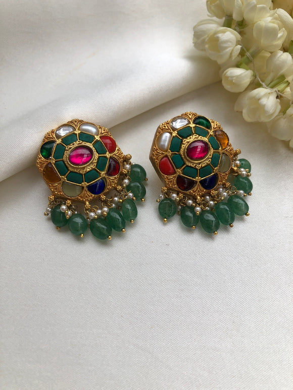 Turquoise and navratan earrings with green beads-Earrings-PL-House of Taamara