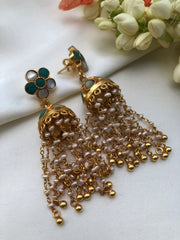 Turquoise and pearl with jhumkas with pearl-Earrings-PL-House of Taamara