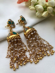 Turquoise and pearl with jhumkas with pearl-Earrings-PL-House of Taamara