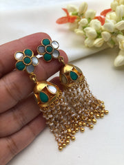 Turquoise and pearl with jhumkas with pearl-Earrings-PL-House of Taamara