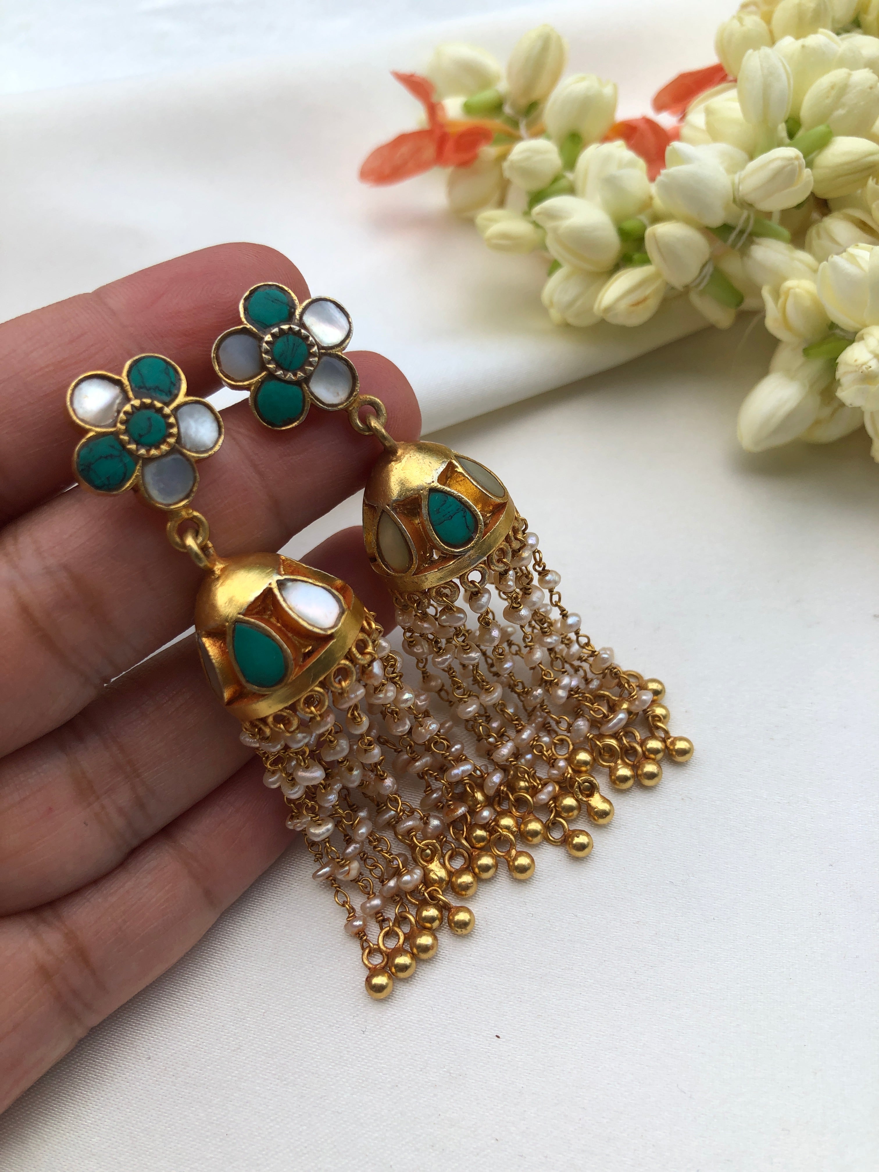 Turquoise and pearl with jhumkas with pearl-Earrings-PL-House of Taamara