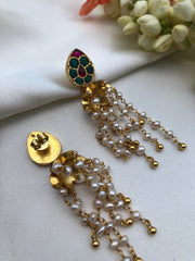 Turquoise and ruby jhumka with pearl long earrings-Earrings-PL-House of Taamara