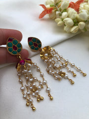 Turquoise and ruby jhumka with pearl long earrings-Earrings-PL-House of Taamara