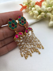 Turquoise and ruby jhumka with pearl long earrings-Earrings-PL-House of Taamara