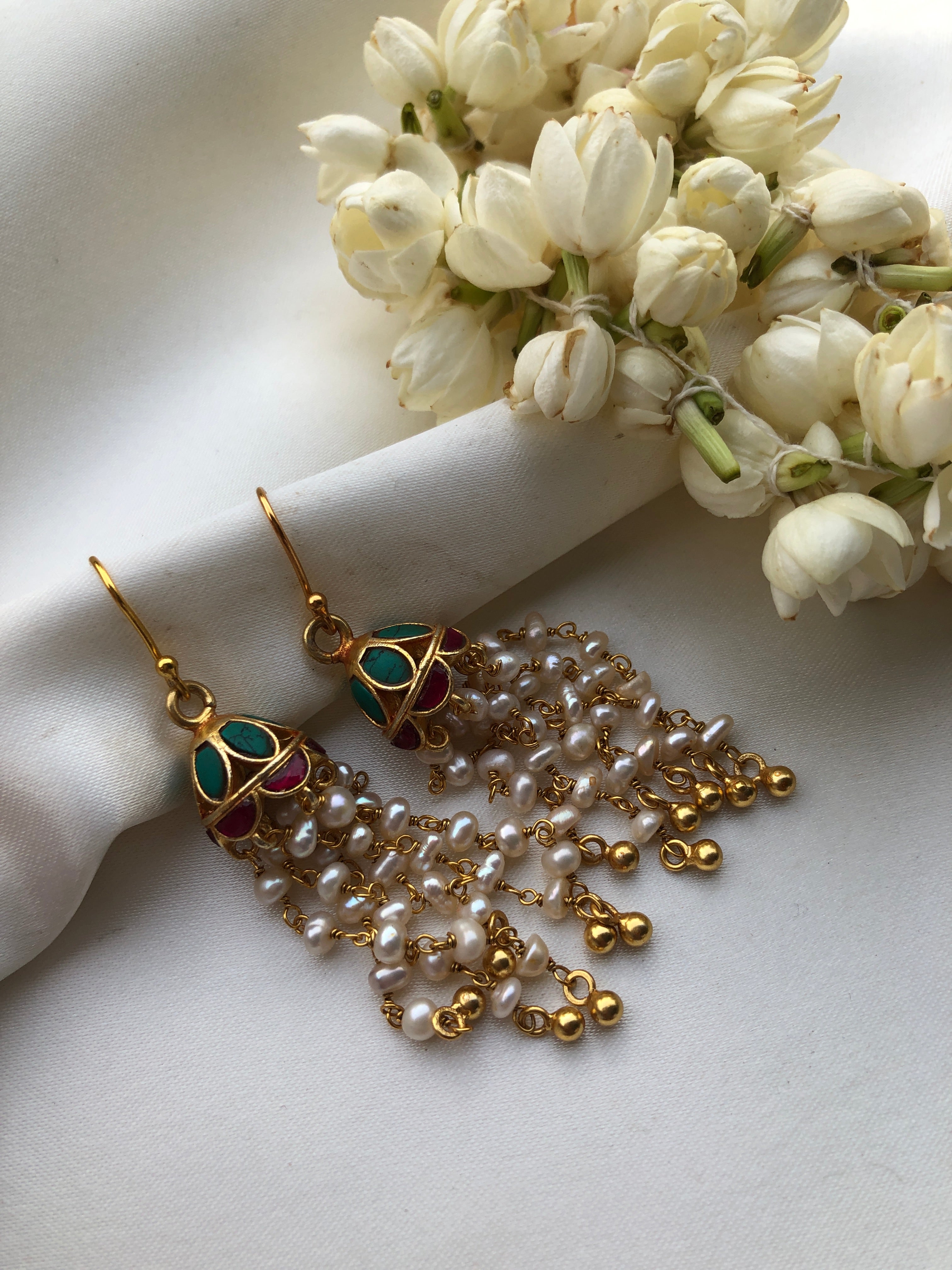 Turquoise and ruby jhumkas with hook earrings-Earrings-PL-House of Taamara