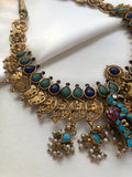Turquoise & blue kundan necklace with kundan peacock and pearls bunch-Silver Neckpiece-PL-House of Taamara