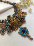 Turquoise & blue kundan necklace with kundan peacock and pearls bunch-Silver Neckpiece-PL-House of Taamara
